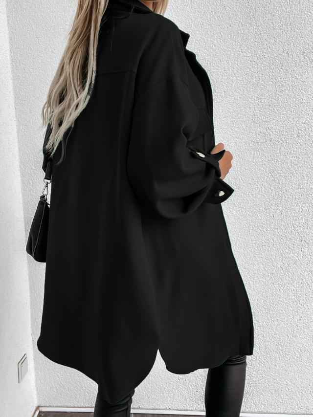 WW | Comfortable long shirt jacket with buttons, wool collar and lapels