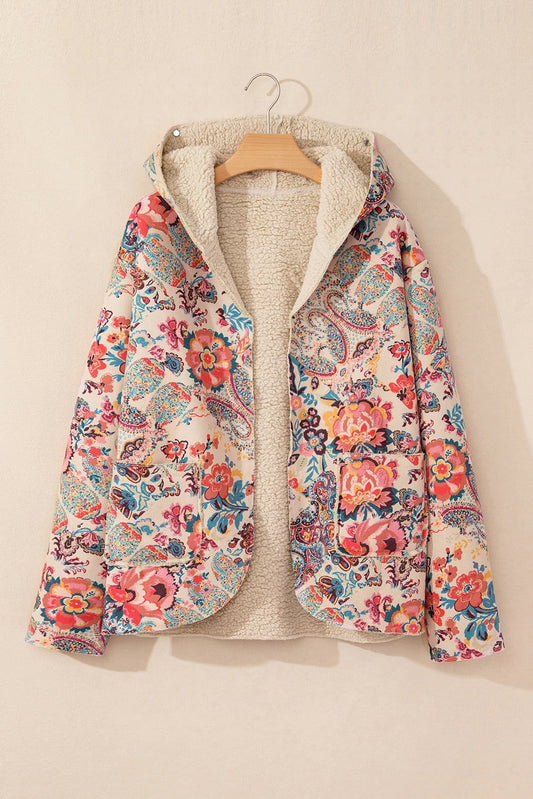 WW | Vintage Paisley Floral Print Sherpa Lined Hooded Jacket