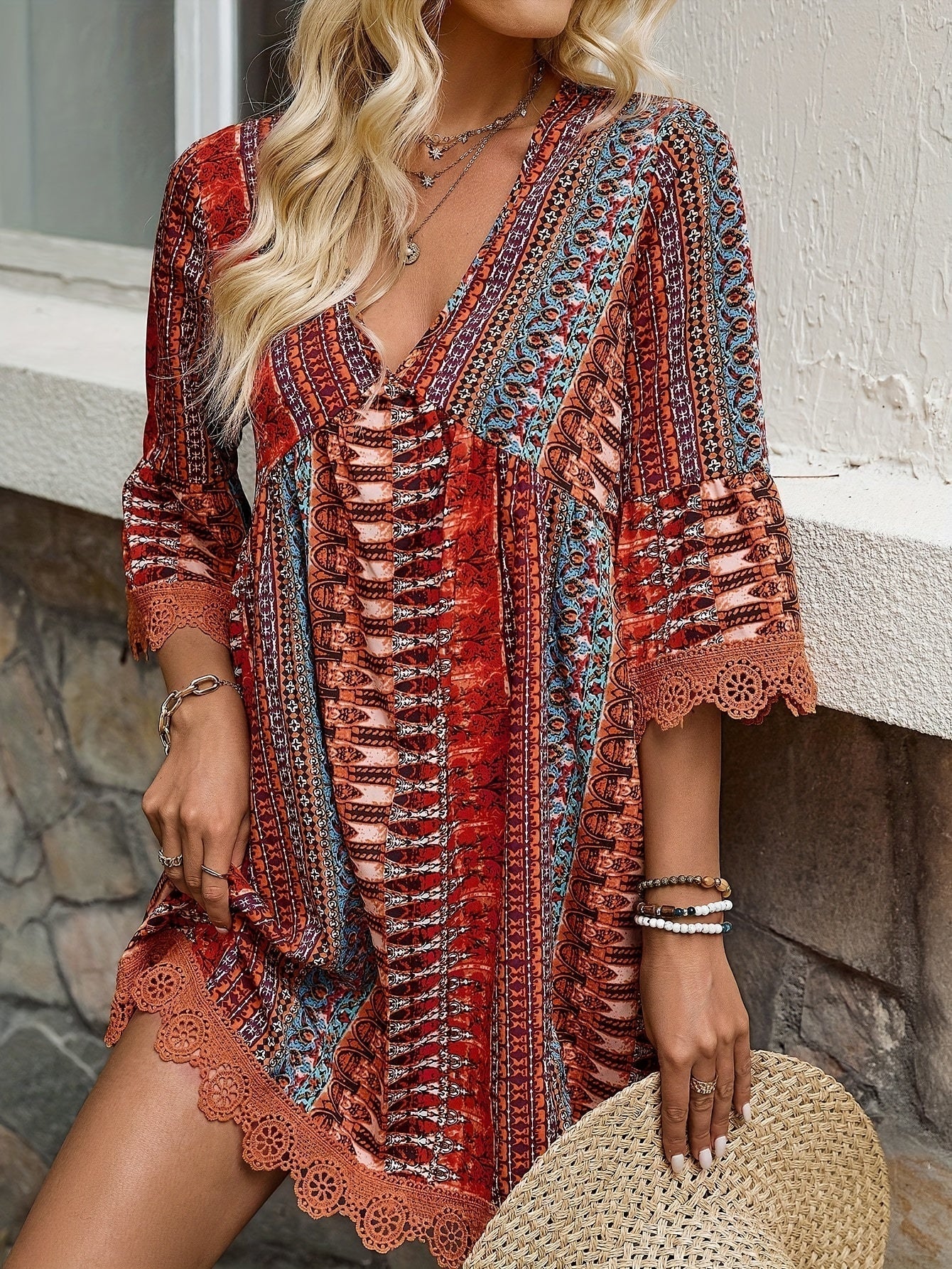 Sofie - V-Neck Dress with Lace Trim