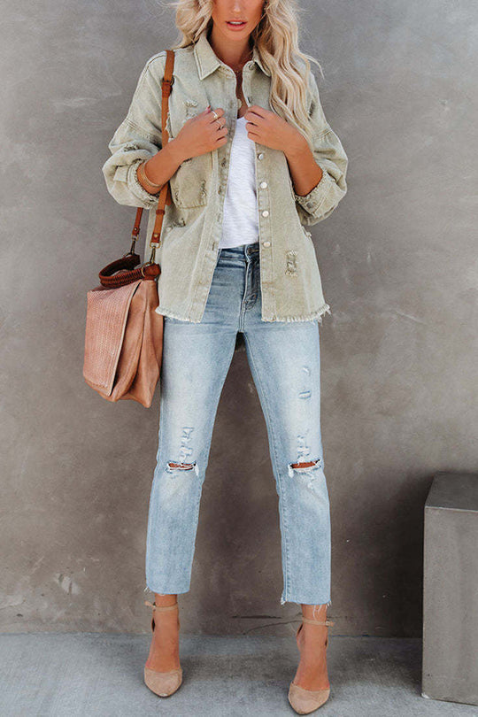 WW | Lapel Long Sleeve Ripped Denim Jacket
