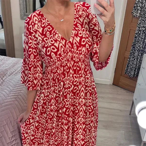 WW | Lange Lockere Kleid mit V-Ausschnitt und Gürtelzug