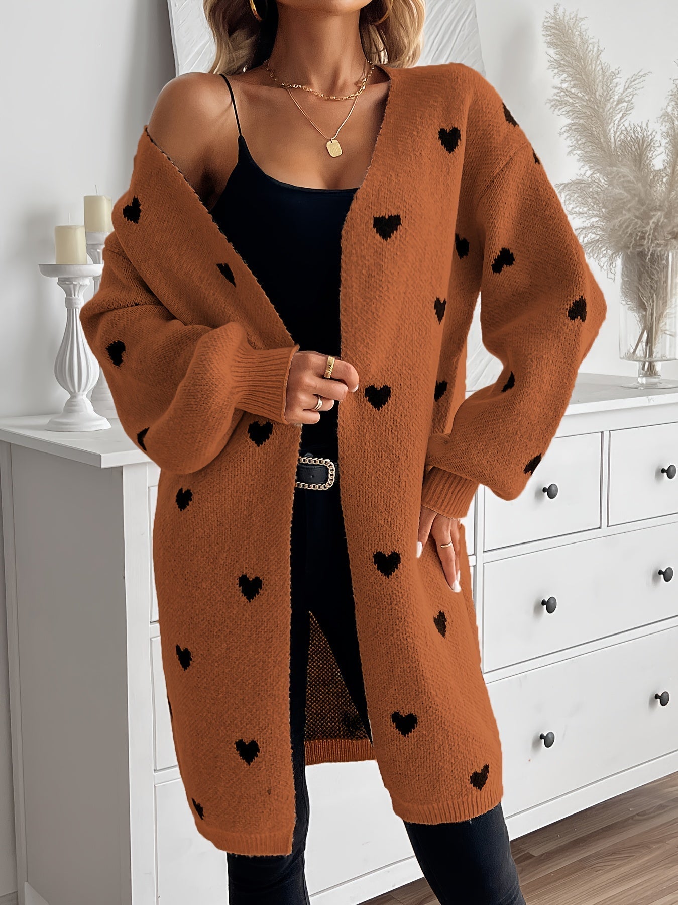 WW | Heart Pattern Long Length Wool Cardigan For Women - Ideal for Winter