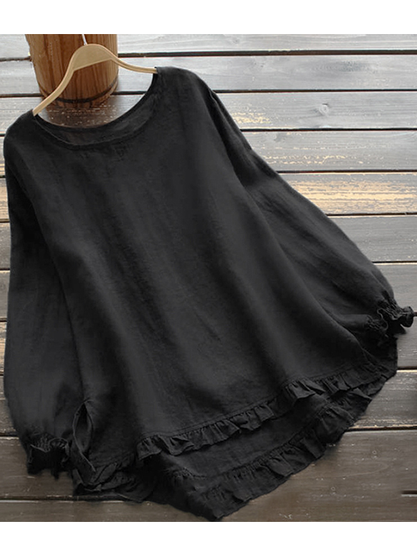WW | Crew Neck Solid Color Long Sleeve Ruffle Linen Tops