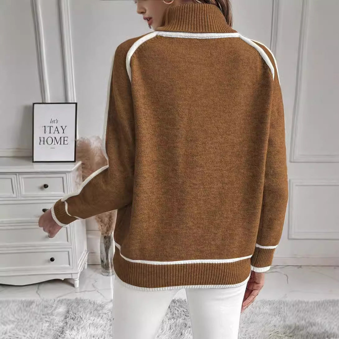 WW | Women's Turtleneck Sweater with Contrasting Seams - Casual Oversized Sweater