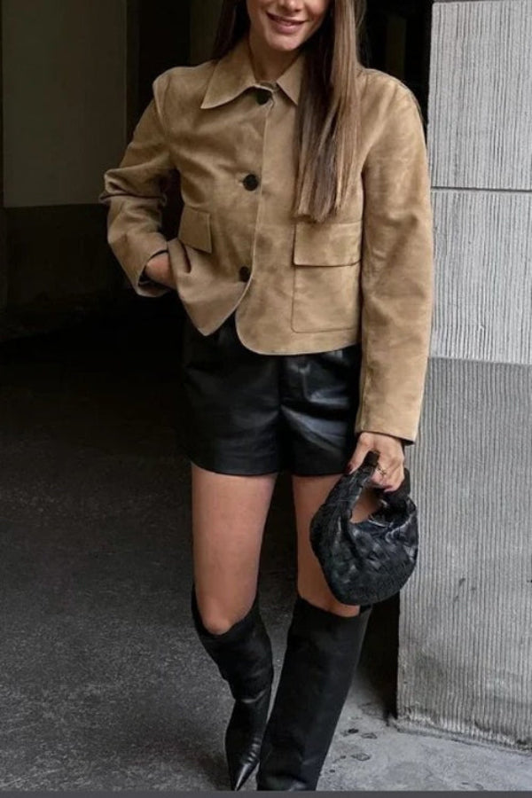 WW | Knopfverschluss Pocket Faux Suede Crop Jacke