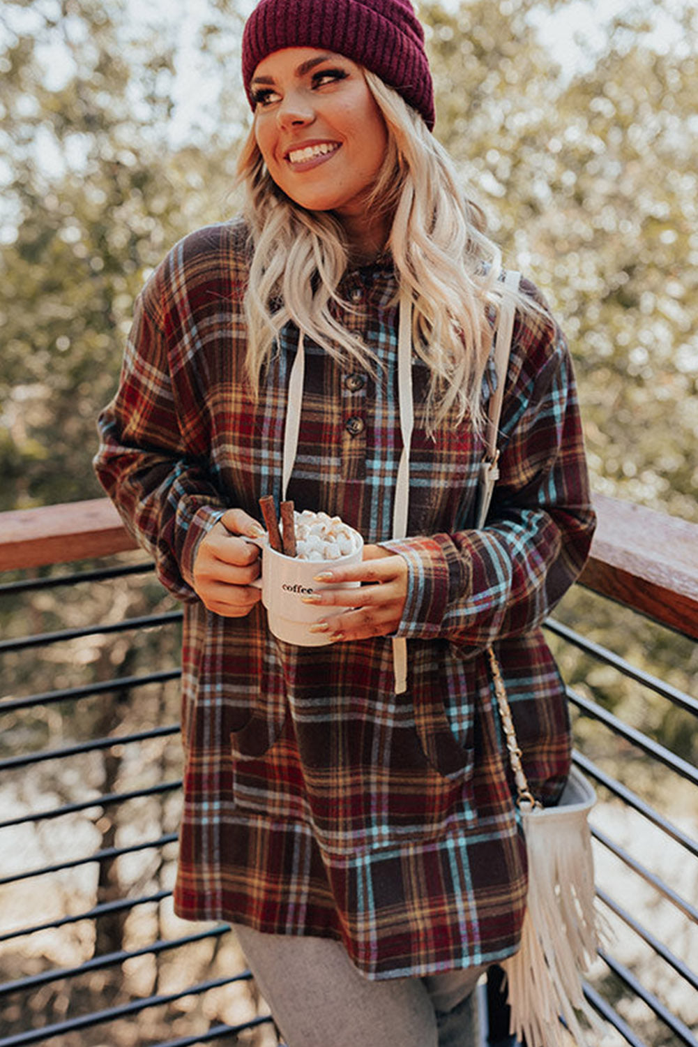 WW | Fiery Red Plus-Size Plaid Kangaroo Pocket Drawstring Hoodie