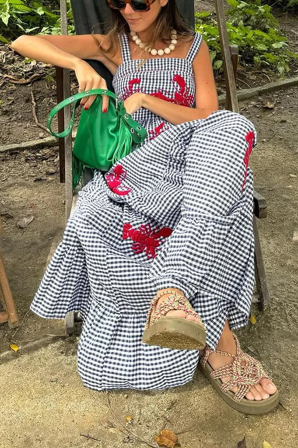 Long checked dress with embroidered shrimp