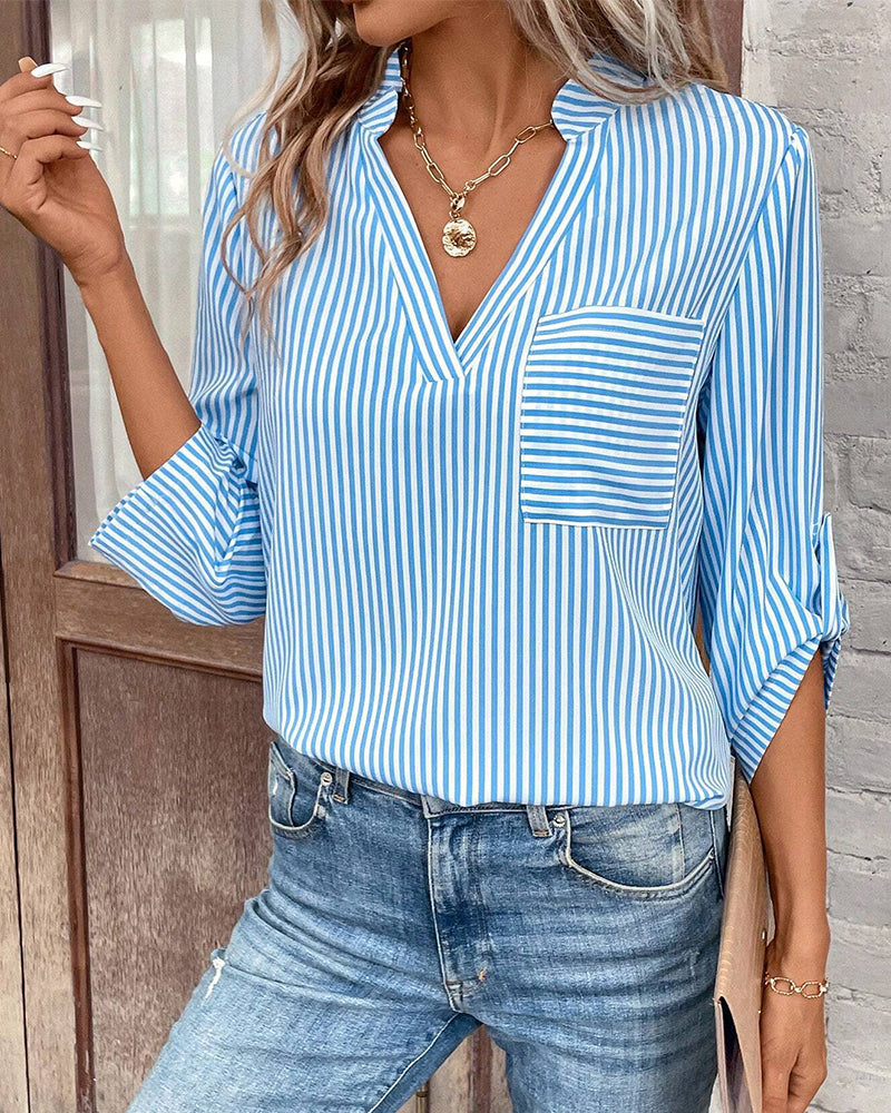 WW | striped V-neck T-shirt with chest pocket