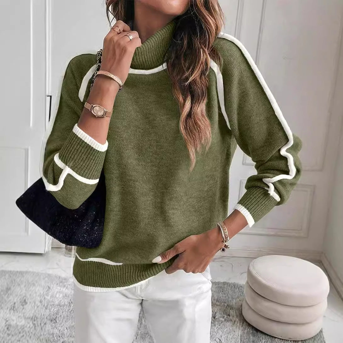 WW | Women's Turtleneck Sweater with Contrasting Seams - Casual Oversized Sweater
