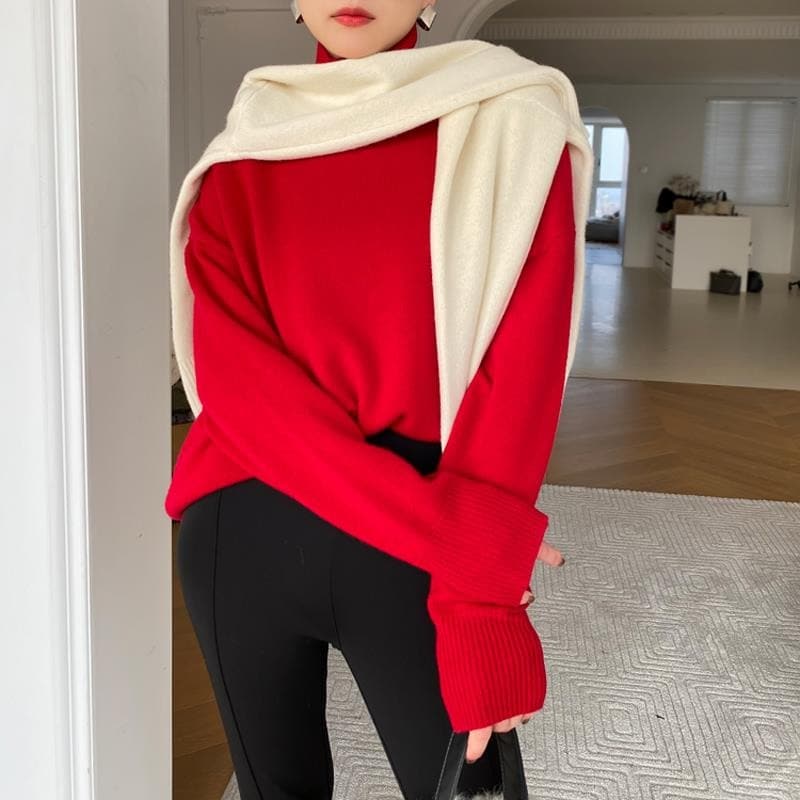 WW | Strickpullover Weich Und Warm Hoher Stehkragen Lässige Passform Lange Ärmel