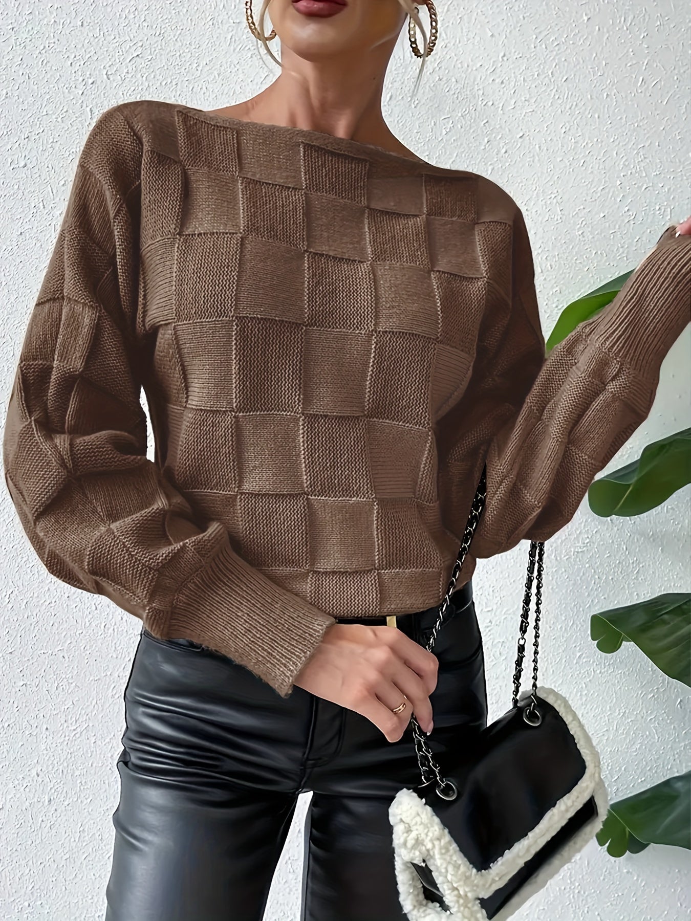 WW | Cotton Jumper with Boat Neck and Checked Sleeves for Women - Perfect for Casual Days