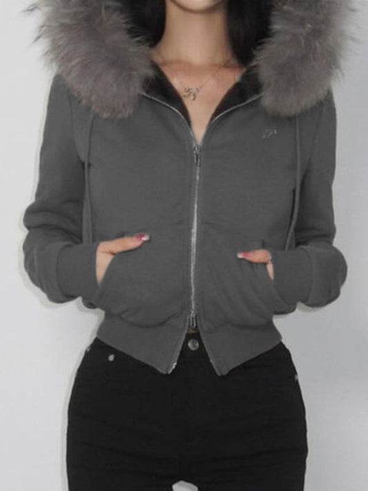 WW | Solid Color Letter Embroidery Fur Seam Jacket