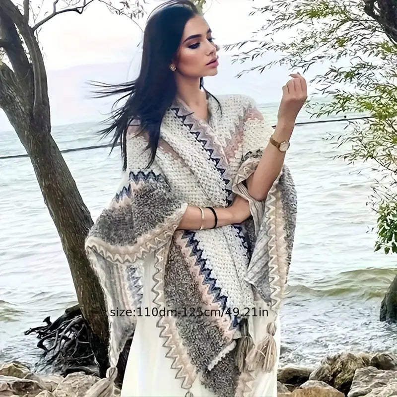 WW | Vintage Wavy Striped Knitted Scarf Tassel Vest