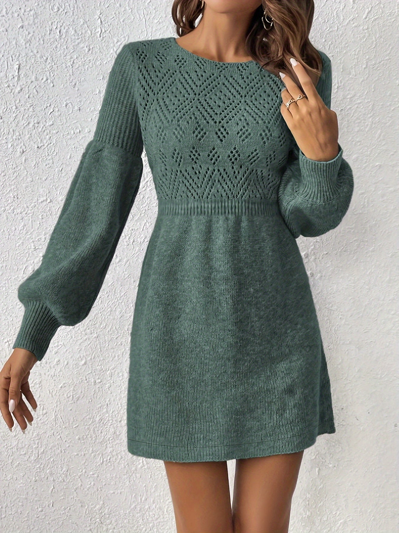 WW | Eyelet Embroidery Solid Color Knit Lantern Sleeve A-Line Ruched Waist Formal Dress For Women - Ideal for Formal Occasions
