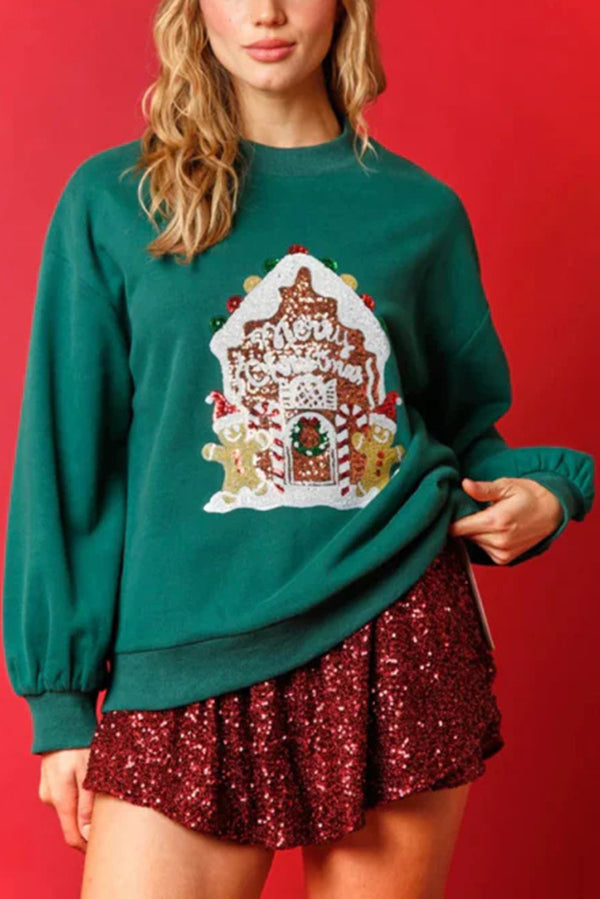 WW | Weihnachts Süßigkeitenhaus Pailletten Lässiger Lockere Pullover
