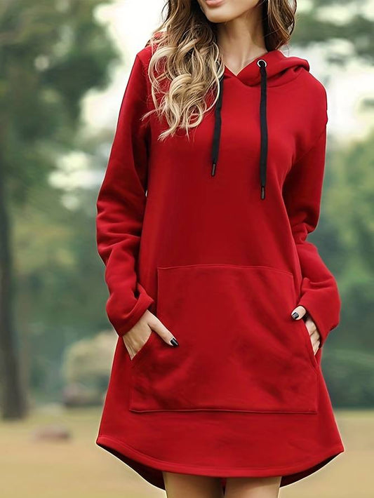 WW - Red Hooded Sweatshirt Dress with Pockets
