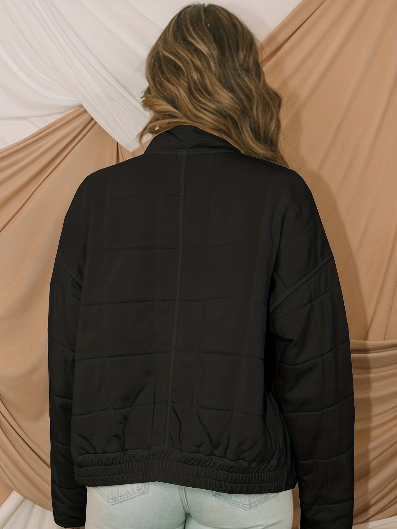 WW | Solid Quilted Windproof Jacket with Plaid Pattern