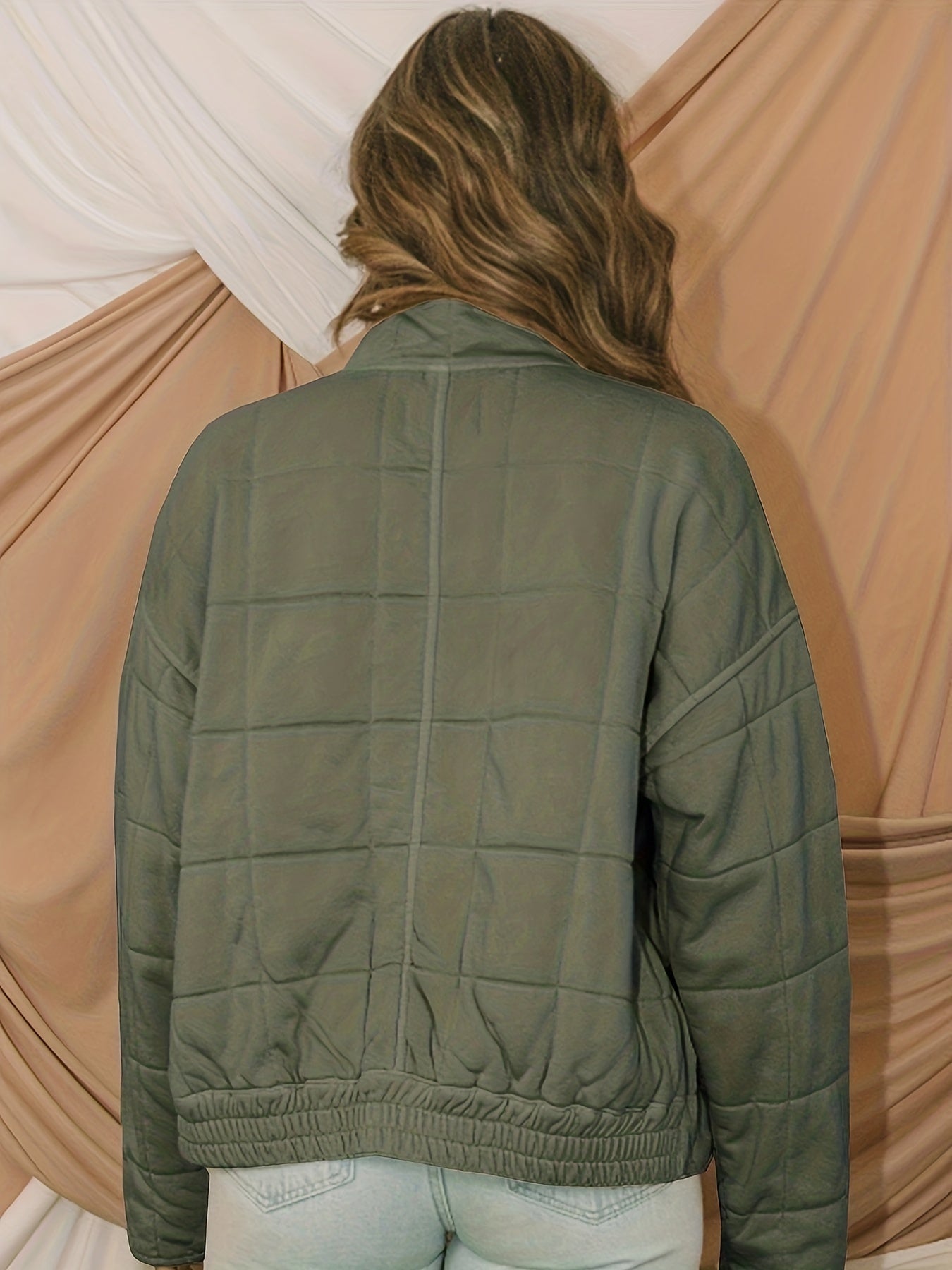WW | Solid Quilted Windproof Jacket with Plaid Pattern
