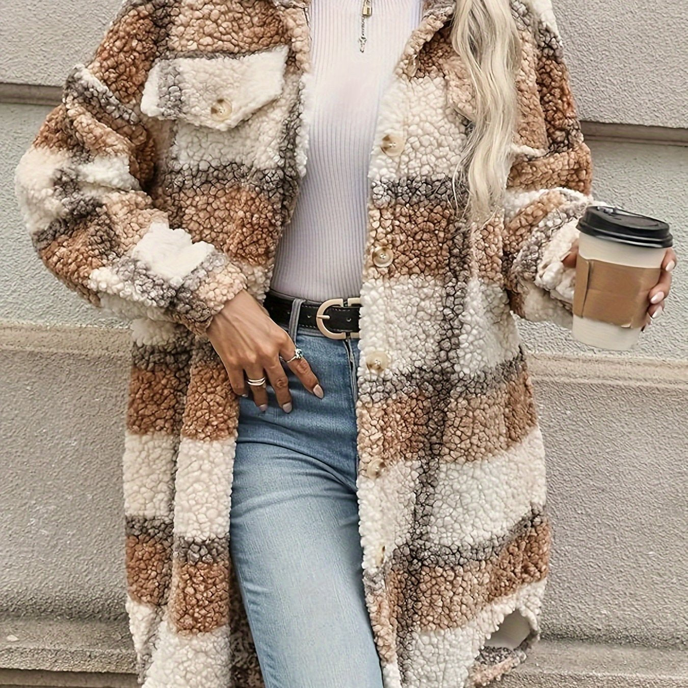 WW | Plaid button-up jacket with fuzzy pattern