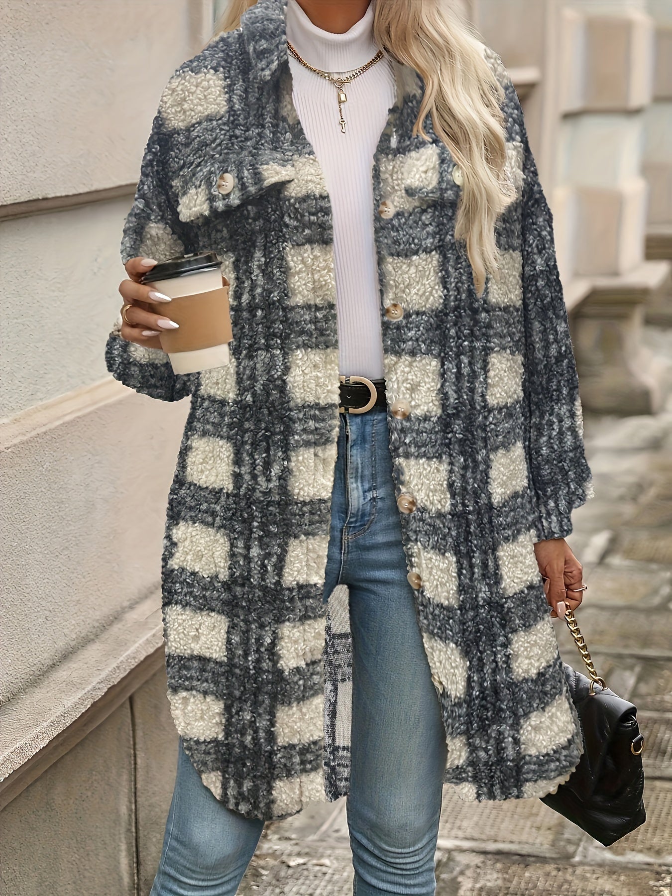 WW | Plaid button-up jacket with fuzzy pattern