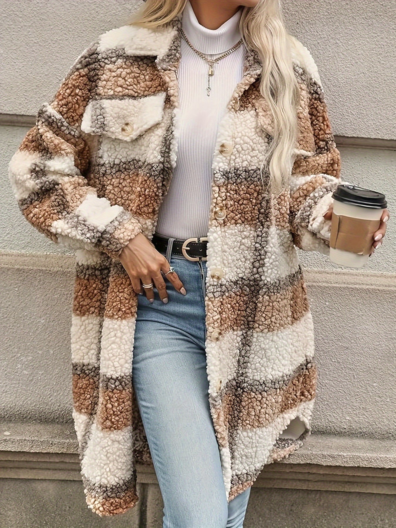 WW | Plaid button-up jacket with fuzzy pattern