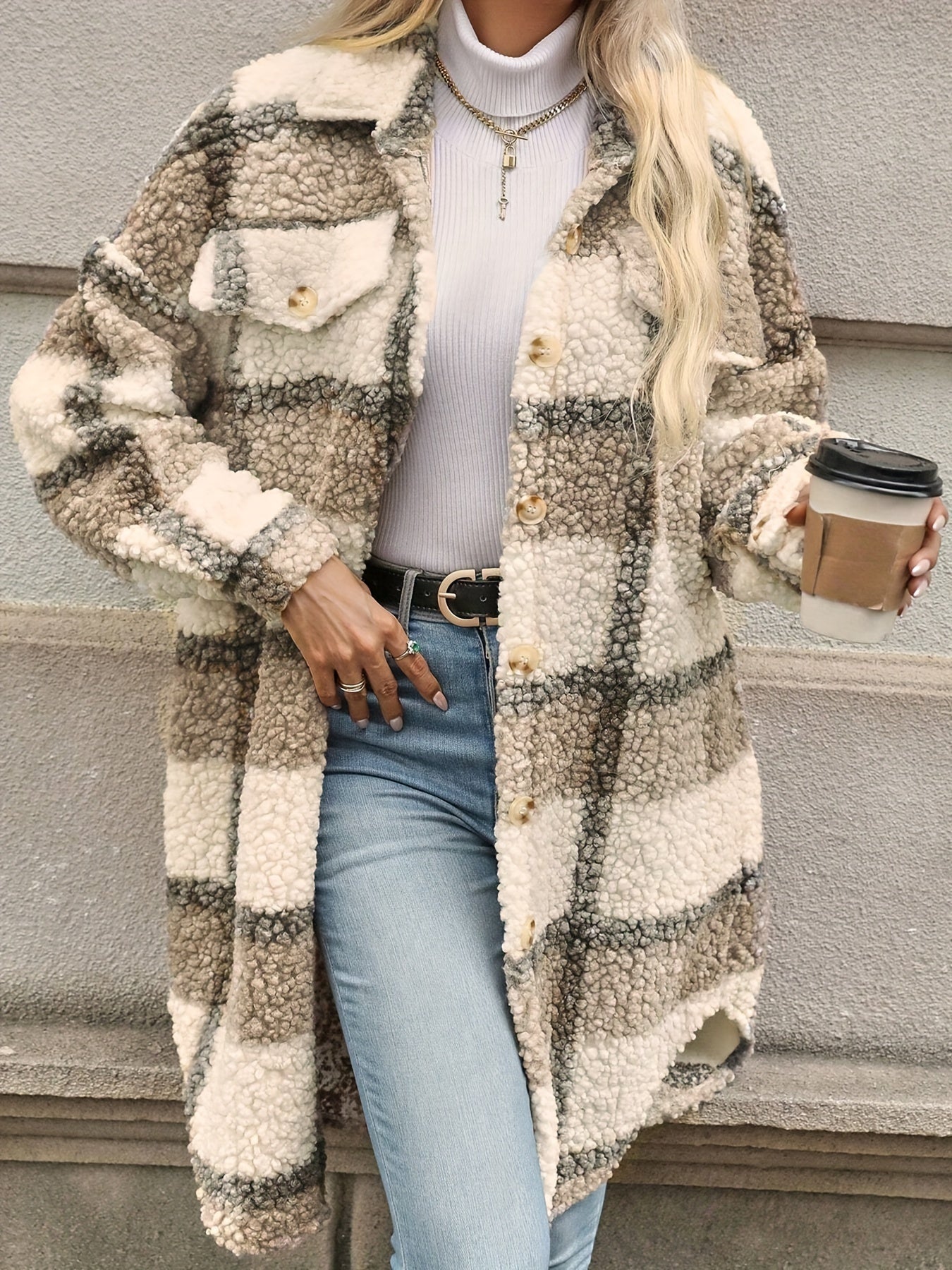 WW | Plaid button-up jacket with fuzzy pattern