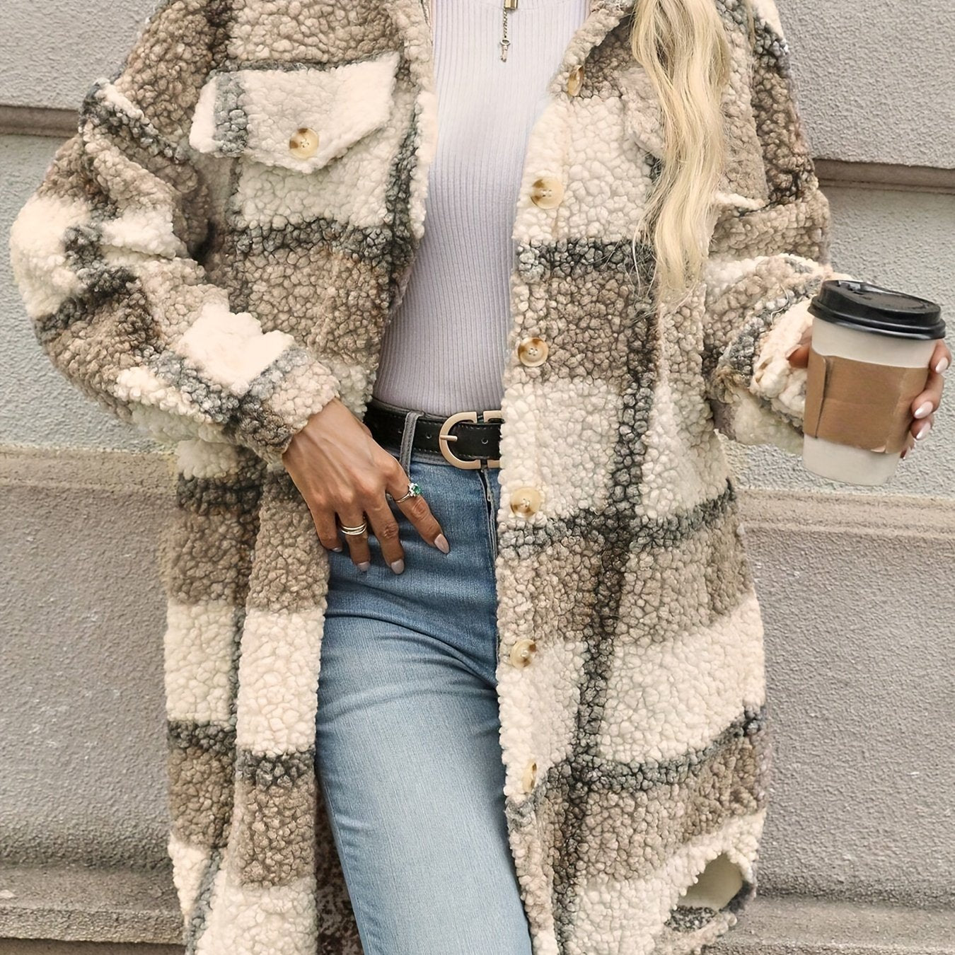 WW | Plaid button-up jacket with fuzzy pattern