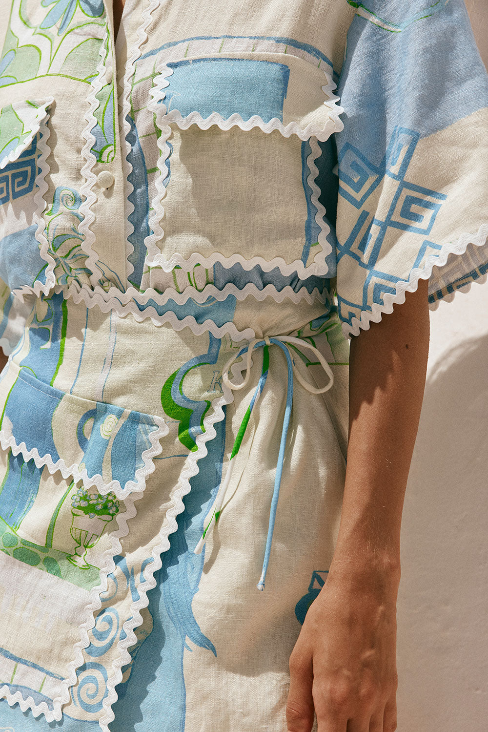 Pierre - Printed Short Sleeve Shirt and Mini Skirt Set with Side Knot and Wavy Hems