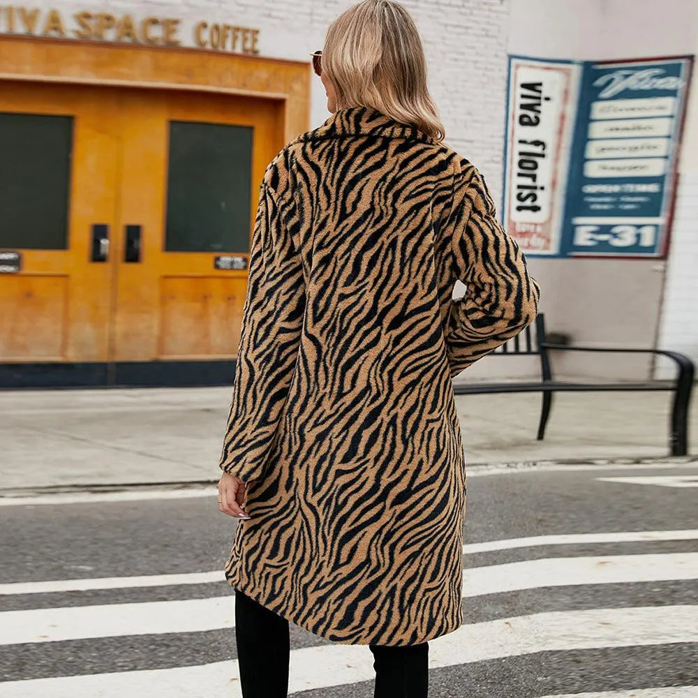WW | Long Plush Coat with Zebra Pattern