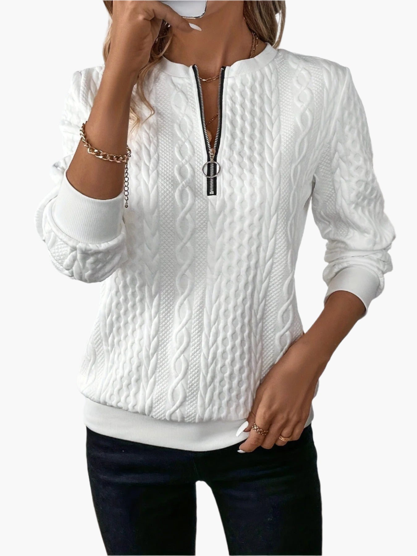 WW | Cable Knit Sweater with Zipper - Fashionable Casual Sweater for Autumn and Winter