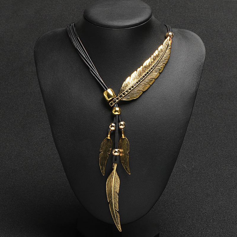 WW | Golden Feather Necklace In Bohemian Style