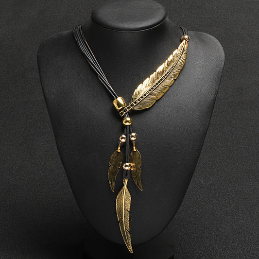 WW | Golden Feather Necklace In Bohemian Style