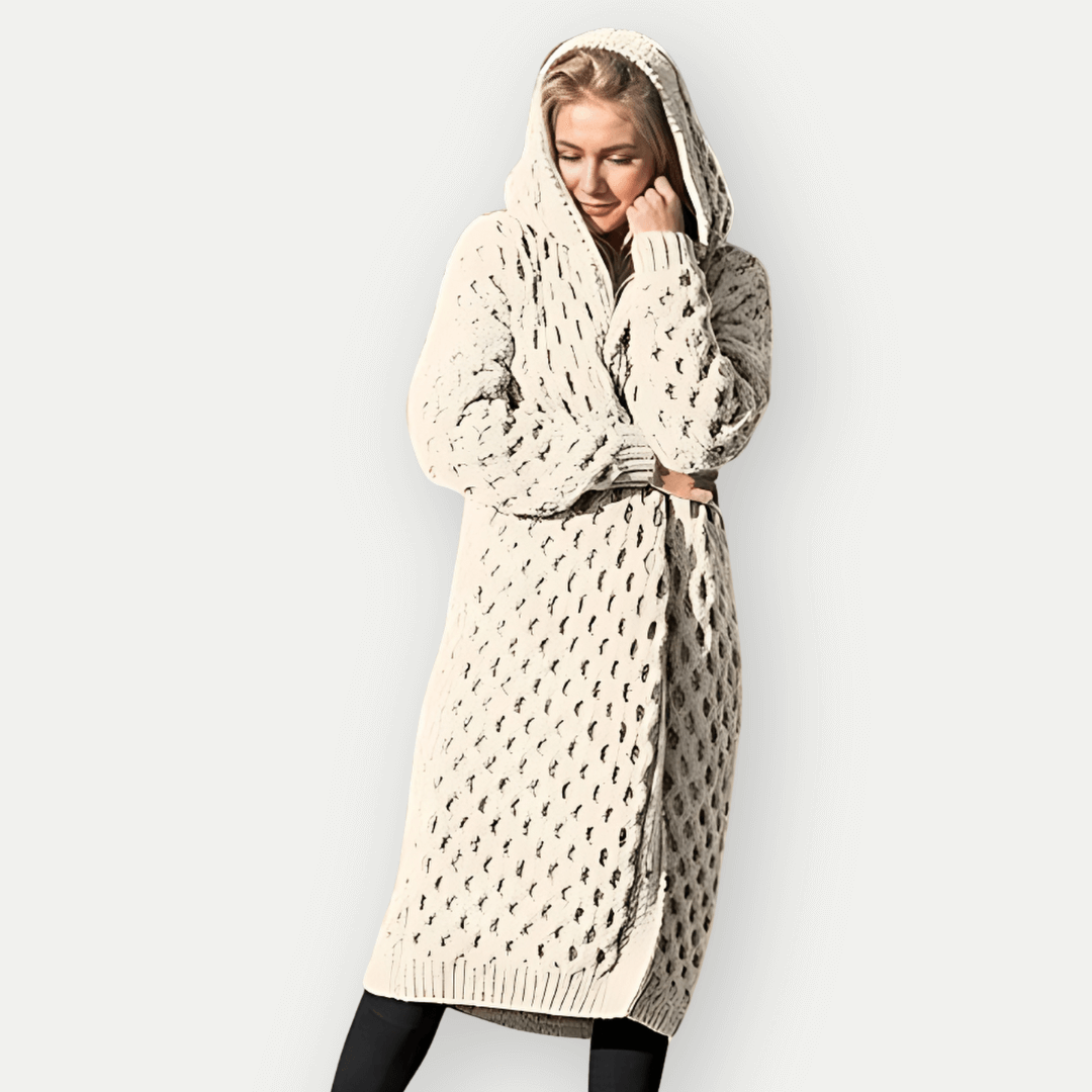 WW | Strickjacke Lockere Passform Zopf Muster Offene Vorderseite mit Kapuze