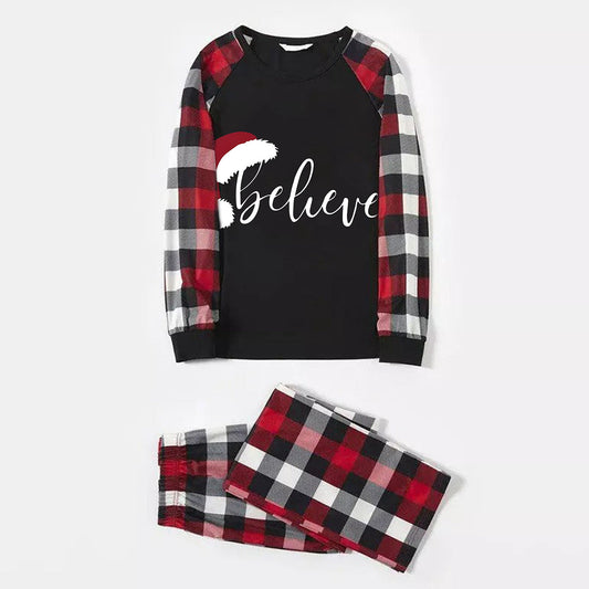 WW | Couple Red & Black & White Plaid Pajama Set With Christmas Hat and "Believe" Letter Print