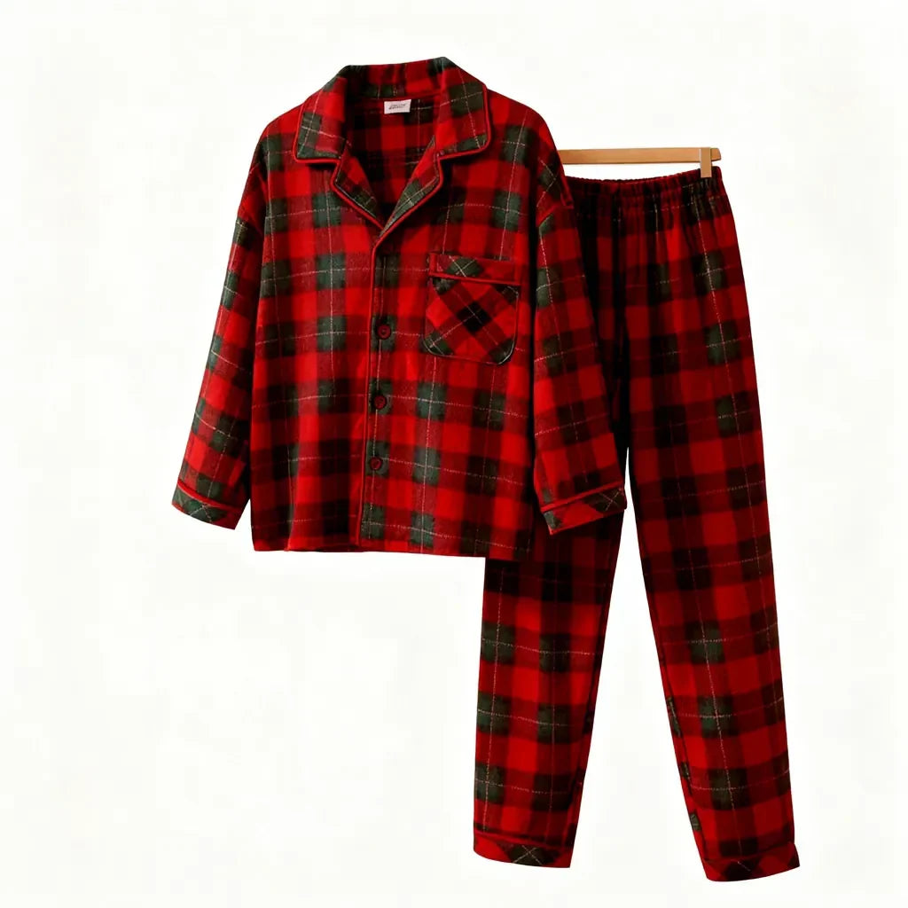 WW | Christmas Family Matching Red and Green Plaid Button-Down Long-Sleeve Pajama Sets
