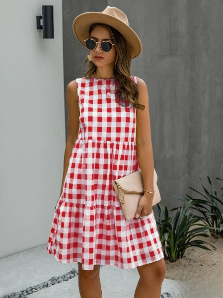 WW | Mode, Locker Geschnittenes Damenkleid mit Rundhalsausschnitt, Kariert Pastelmittelrock