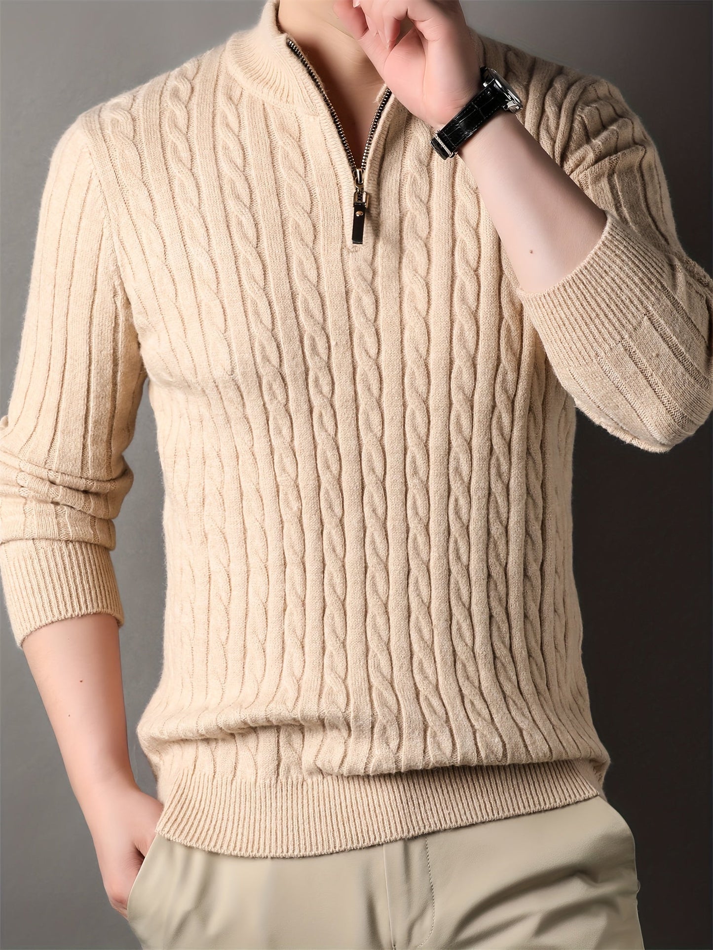 WW | Men's Casual Cable Knit Zip Sweater