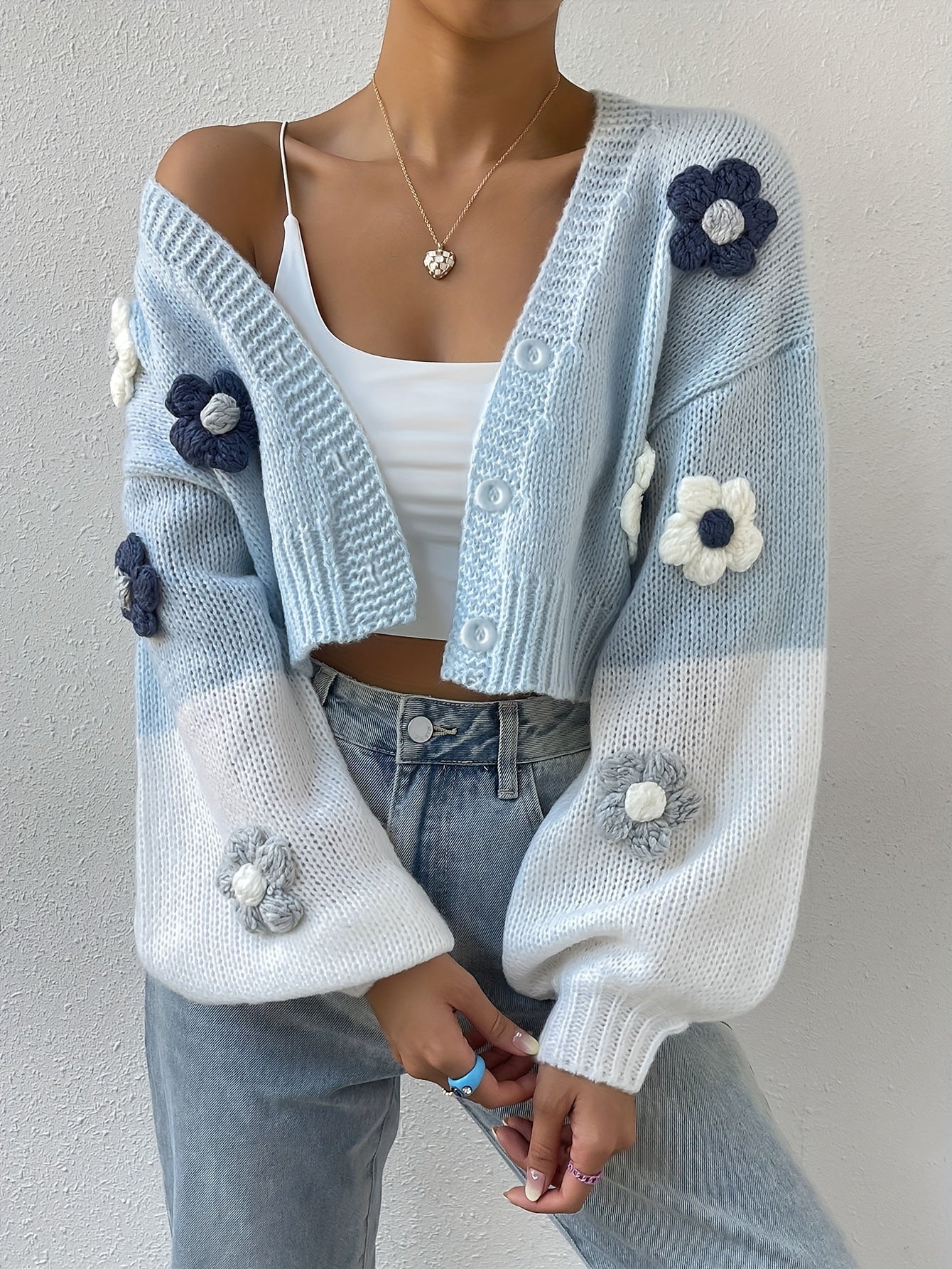 WW | Stylish Floral Embellished Warm Cotton Knit Cardigan for Women - Perfect for Everyday Wear