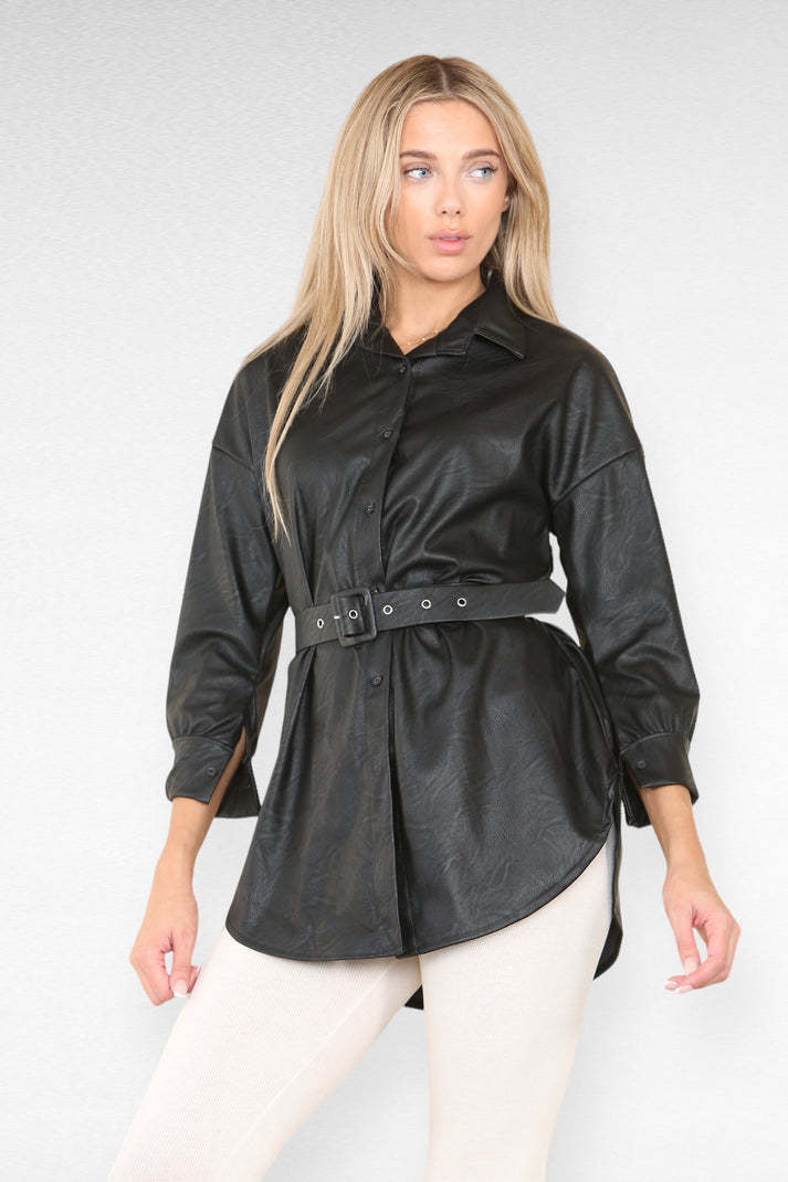WW | Belted PU Leather Shirt Dress