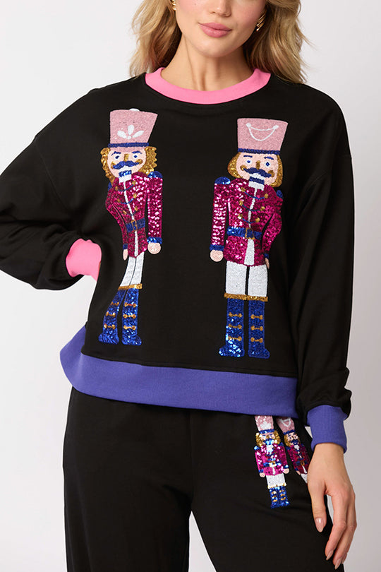 WW | Weihnachtsmann Pailletten Freizeit Sweatshirt und elastische Taillen lockere Taschenhose Set