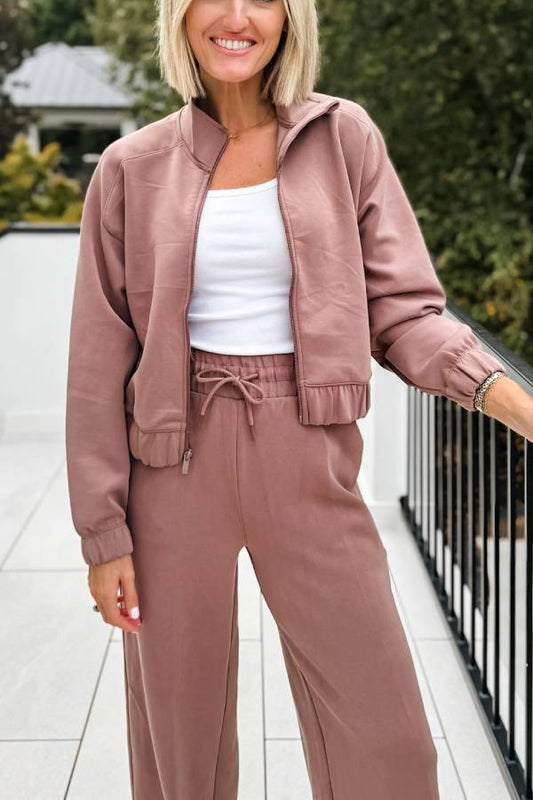 WW | Sleek Full Zip Jacke und Hohe Taille Elastischer Bund Taschen Weite Beinform Sweatpants Set