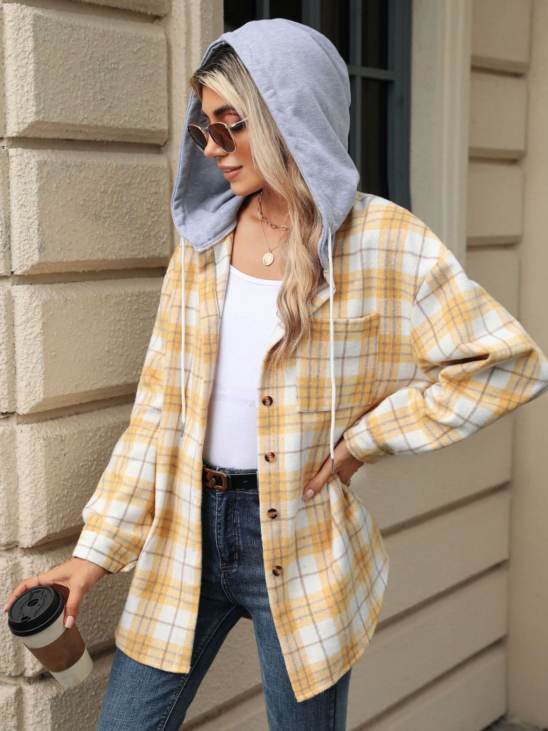 WW | Damen Kapuzenjacke mit Kordel und Kariertem Muster