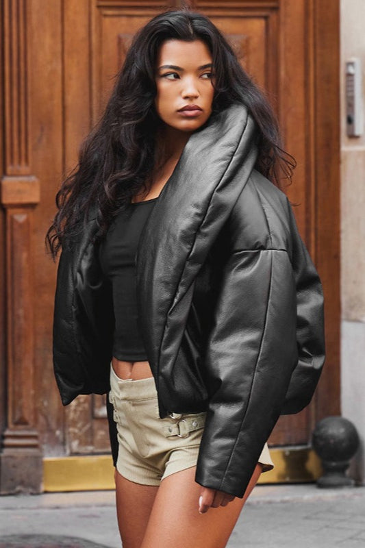 WW | Leather Stand-Up Collar Cropped Puffer Jacket