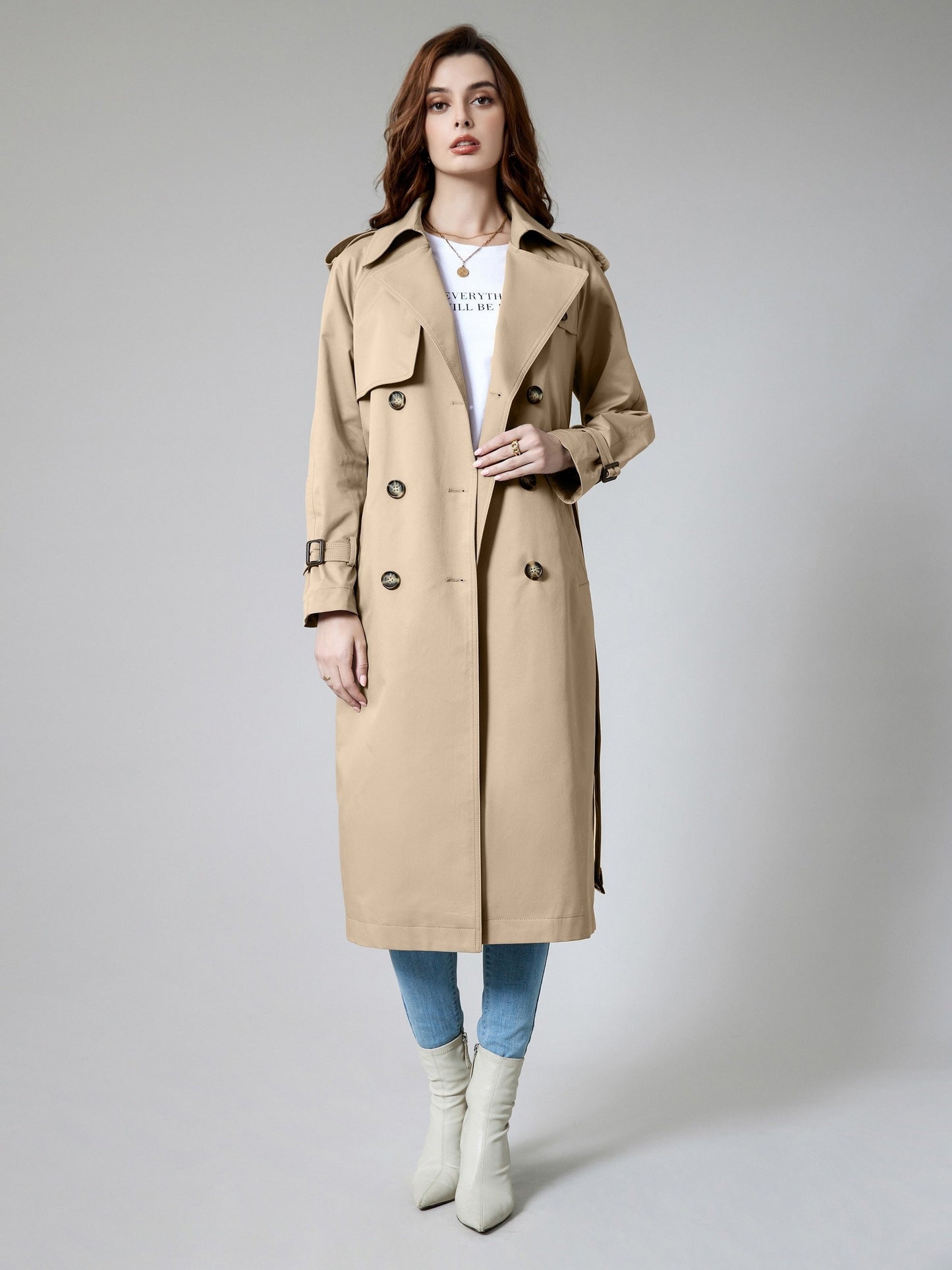 WW | Women's Plain Woven Polyester Trench Coat with Pockets - Ideal for Any Occasion