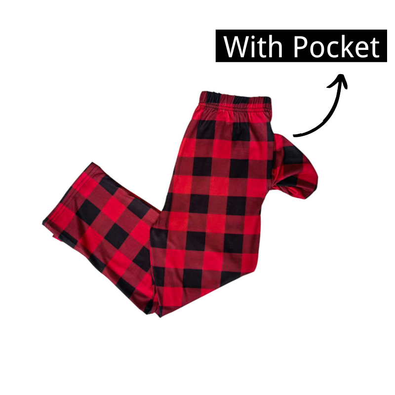 WW | Weihnachtsmütze und 'Believe' Buchstaben Druck Muster Kontrast Schwarz Top und Schwarz & Rot Karierte Hose Familien passende Schlafanzug Set