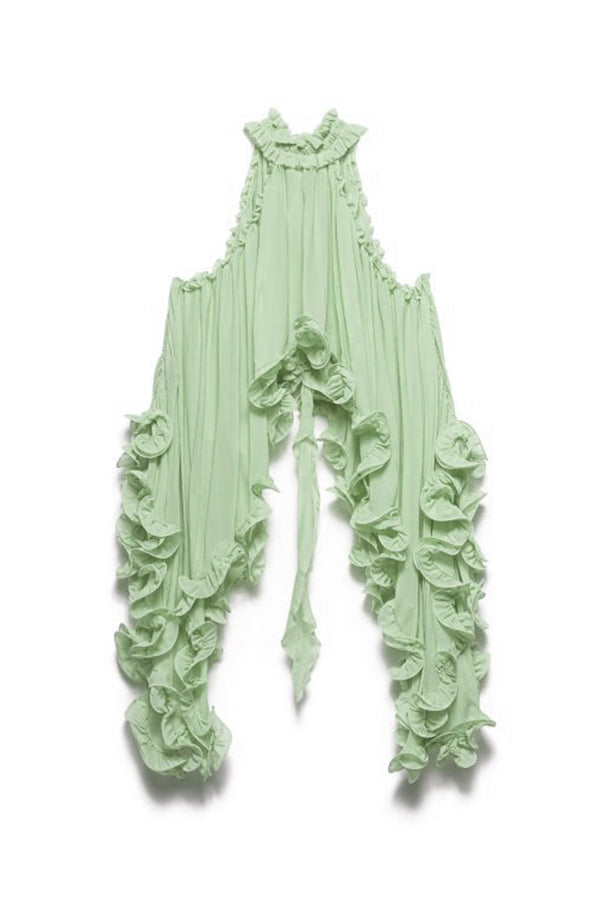 Romantic Drama – Flared top with wavy flounces and neck tie