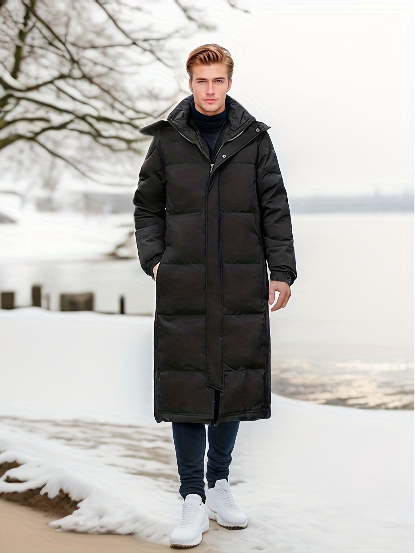 WW | Men's Long Padded Black Hooded Cotton Winter Jacket - Perfect for Outdoor Activities