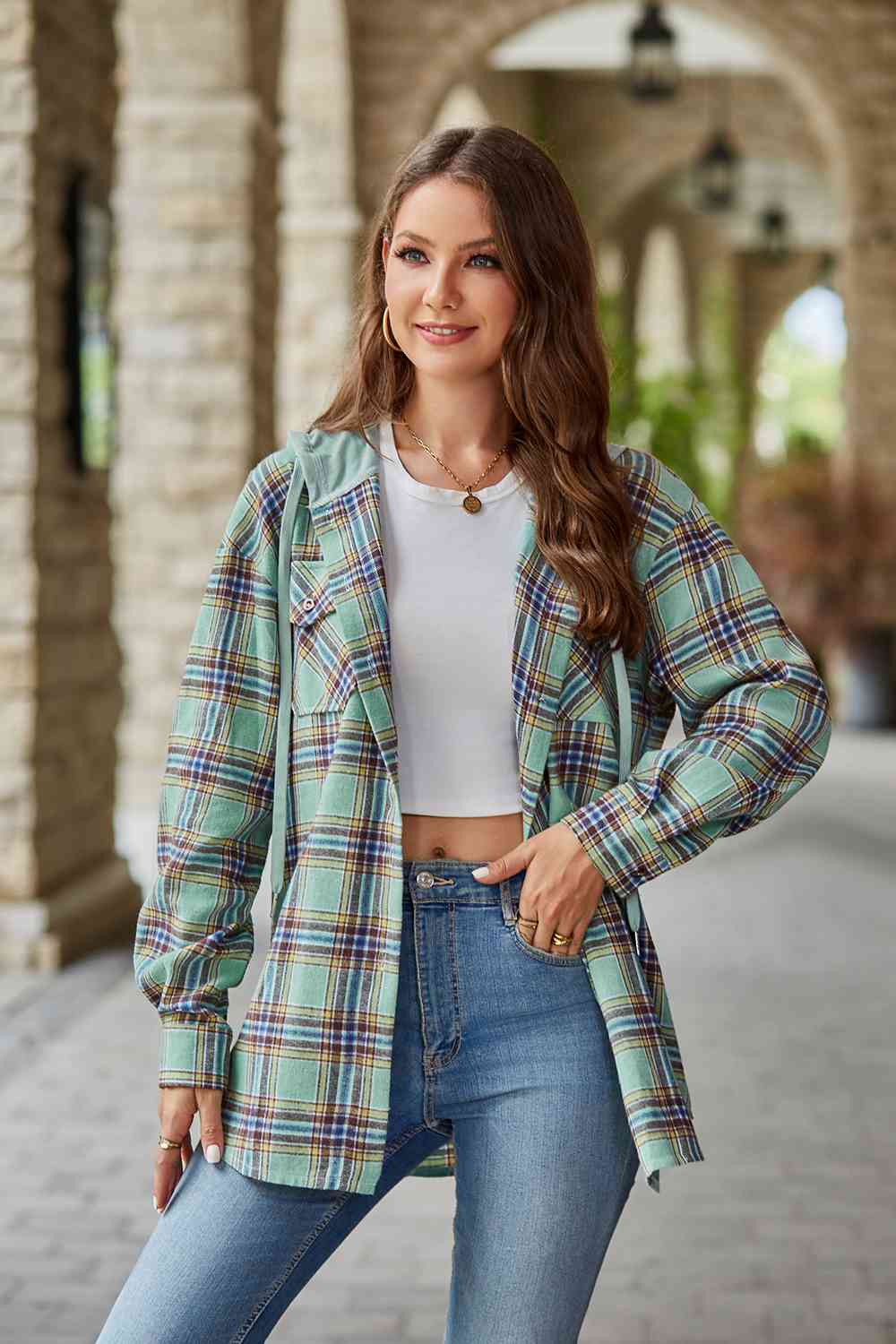 WW | Plaid Long-Sleeved Hooded Jacket