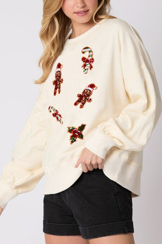 WW | Christmas Gingerbread Man Sequin Casual Long Sleeve Sweatshirt