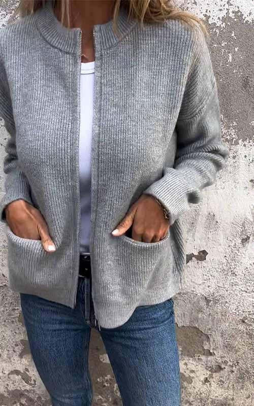 WW | Strickjacke - Rundhalsausschnitt & Reißverschluss - Weiche Baumwolle